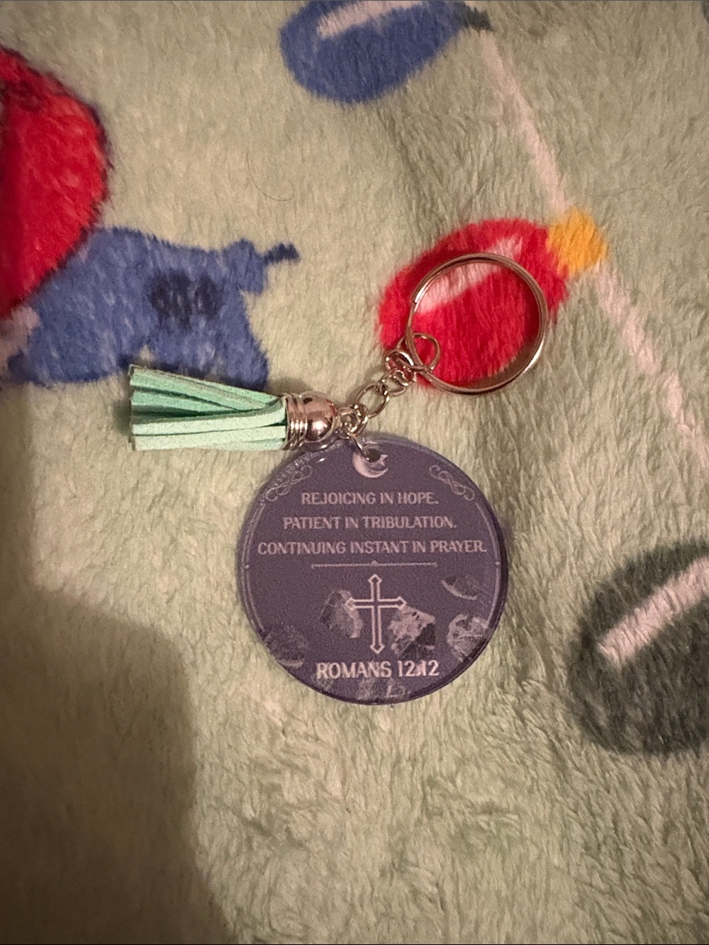 Scripture Keychain with Mint Tassel - Romans 12:12